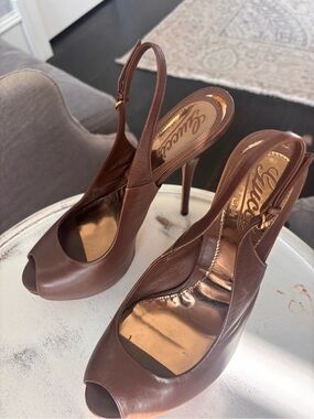 Gucci Brown Leather Peep-Toe Slingback Stiletto Heels